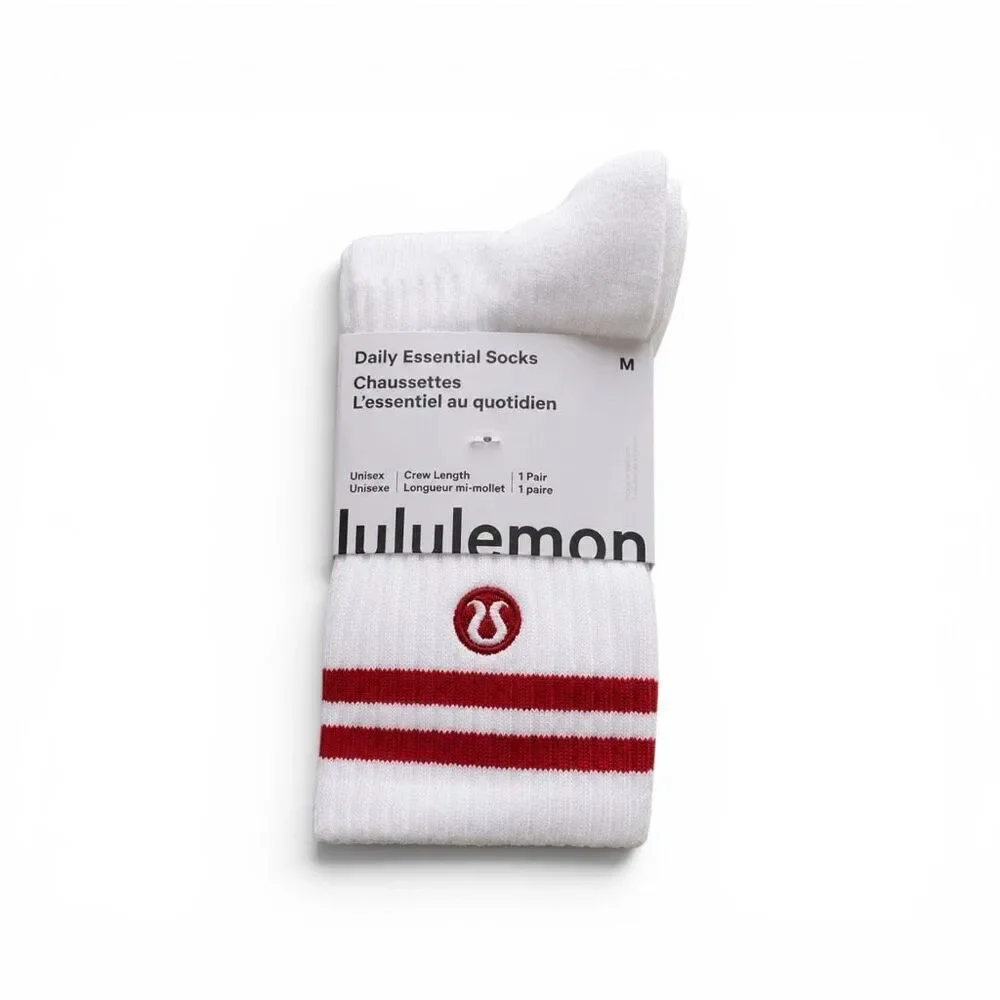 Lululemon White Red Stripe Daily Essential Crew Socks Unisex Medium NWT